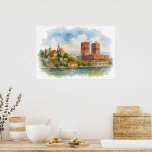 Oslo Norvège Affiche d'art à l'aquarelle, scandina