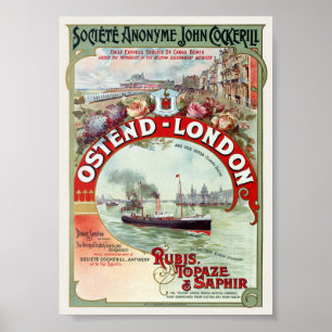 Ostende - Londres Belgique Affiche Vintage 1900