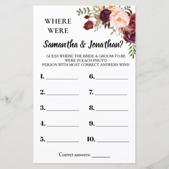 Où étaient-ils nuptiale douche anglais jeu espagno (Devant)