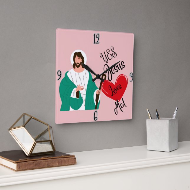 "Oui, Jésus m'aime" Horloge Carrée Rose (Bureau)