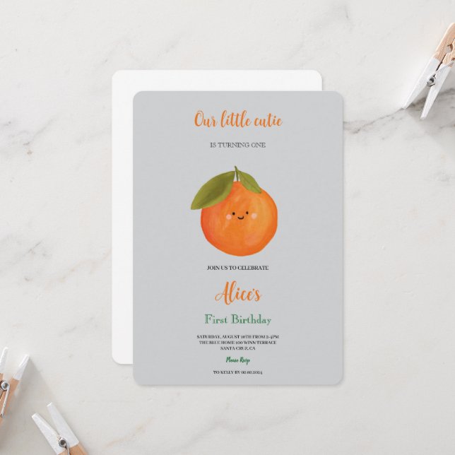 Our little cutie orange design birthday invitation (Devant/Arrière en situation)