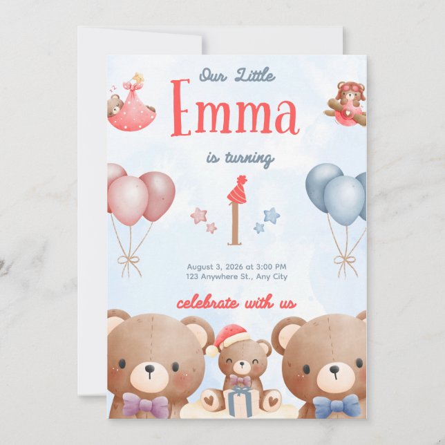 Our Little Emma Birthday Invitation – Pastel Teddy (Devant)