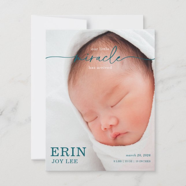 Our Little Miracle Baby Announcement card (Devant)