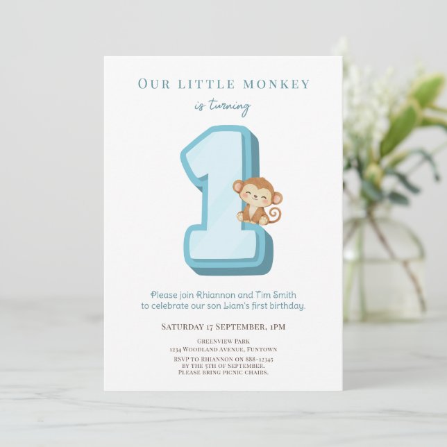 Our Little Monkey Blue 1st Birthday invitation (Debout devant)