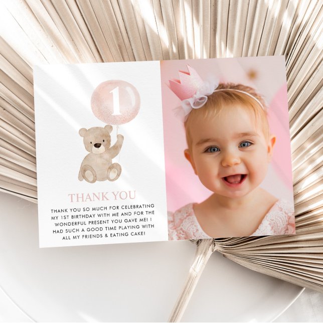 Ours 1ère carte photo anniversaire rose ballon à p (MATCHING 1ST BIRTHDAY ITEMS AVAILABLE)