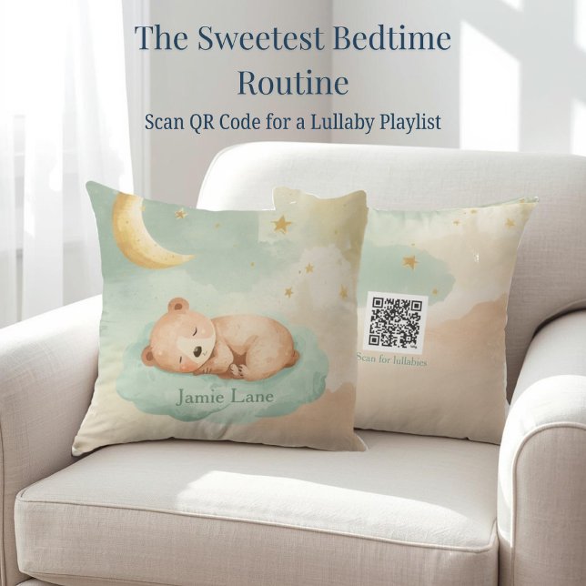 Ours aquarelle sur nuage Coussin de berceuse scann (Soft watercolor bear pillow with scannable lullabies—the perfect soothing gift for new nurseries.)