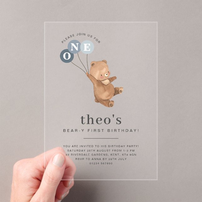 Ours avec 3 Ballons Bleus 1er Invitation anniversa (In situ (ordinateur de poche))