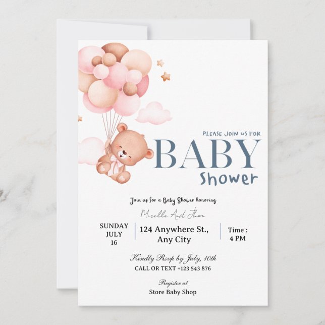 Ours Avec Ballons Volants Baby shower Invitation (Devant)