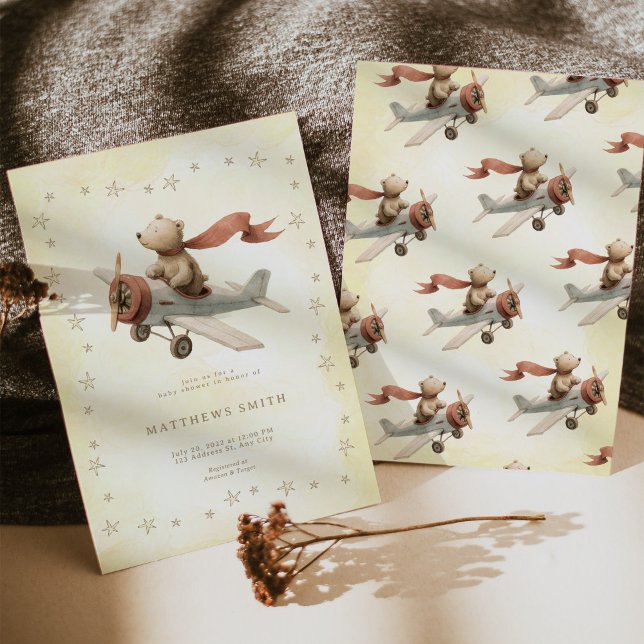 Ours avion invitation Baby Shower (Baby Bear Pilot Vintage Airplane Stars Baby Shower Invitation)