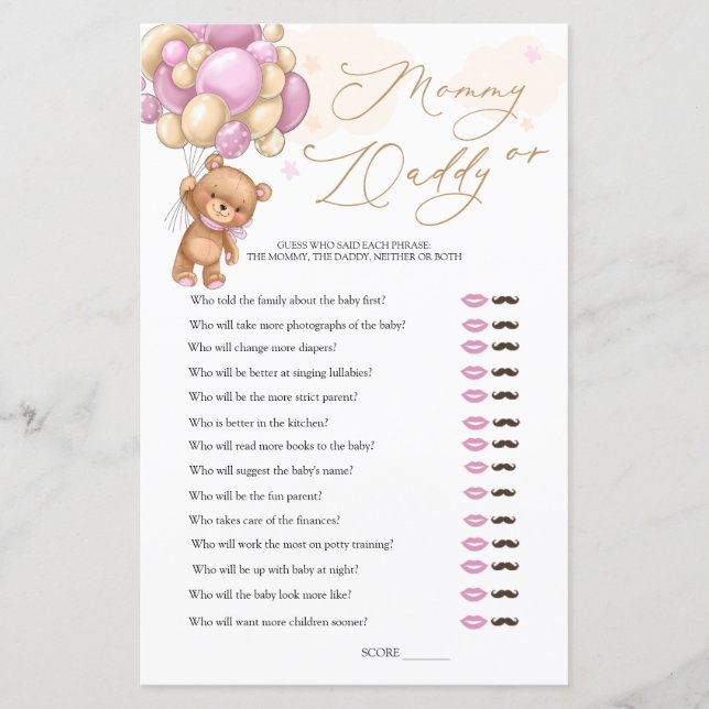 Ours Baby shower Jeu Devinez Qui Maman ou Papa (Devant)