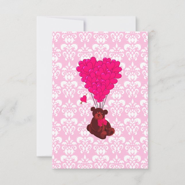 Ours & ballons en forme de cœur sur damas rose (Devant)