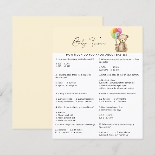 Ours - Bébé Anecdotes | Jeu de Baby Shower (Devant / Derrière)