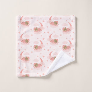 Ours Bébé Couché Rose Sur Lune Nuages & Étoiles