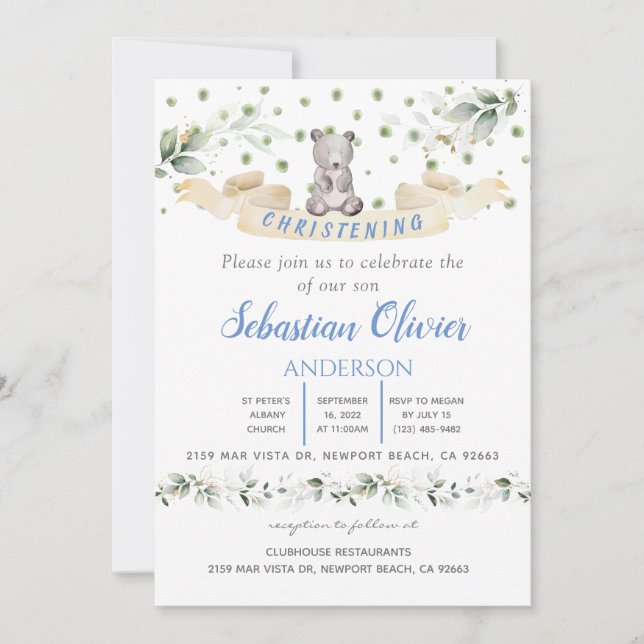 Ours Bleu Floral Verdure Baptême Girl Invitation (Devant)