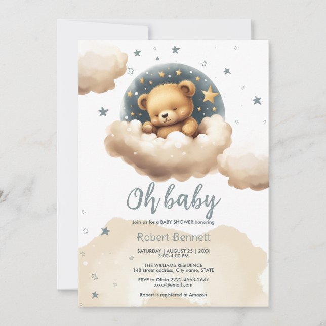 Ours bleu sur les nuages baby shower invitation (Devant)