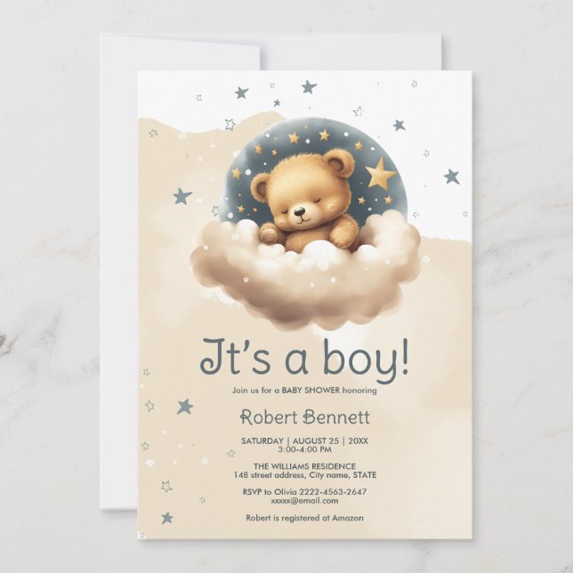Ours bleu sur les nuages baby shower invitation (Devant)