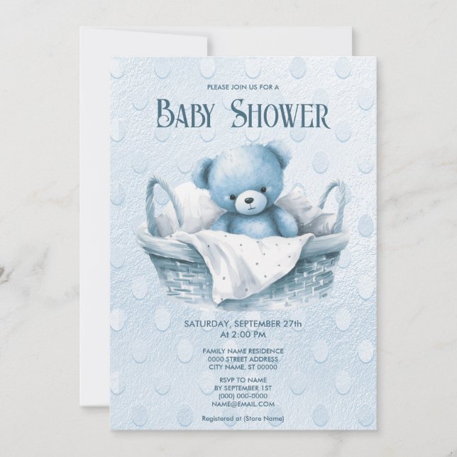 Ours bleu Teddy dans Panier Douche Invitation (Devant)