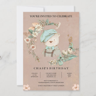 Ours Botanique Rustique Invitation Anniversaire