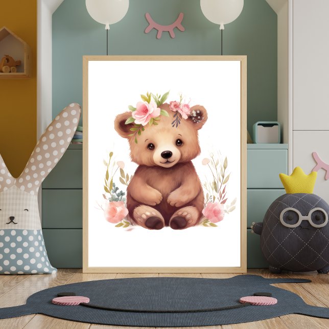 Ours Brun Bébé Fleurs Roses Art Mural Aquarelle po (Nursery Print Baby Bear Pink Flowers. Nursery decor. Printed or digital download)