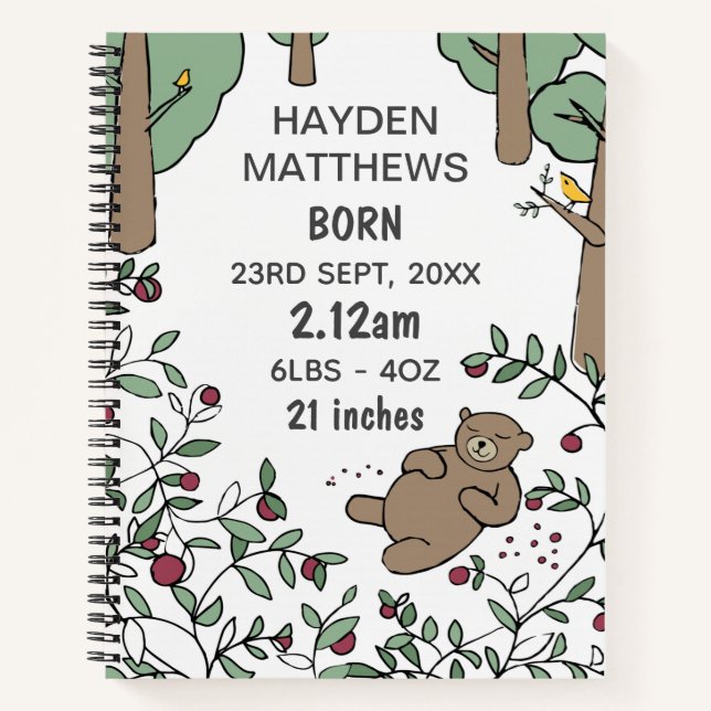 Ours couché Woodland Journal personnalisé bébé (Devant)