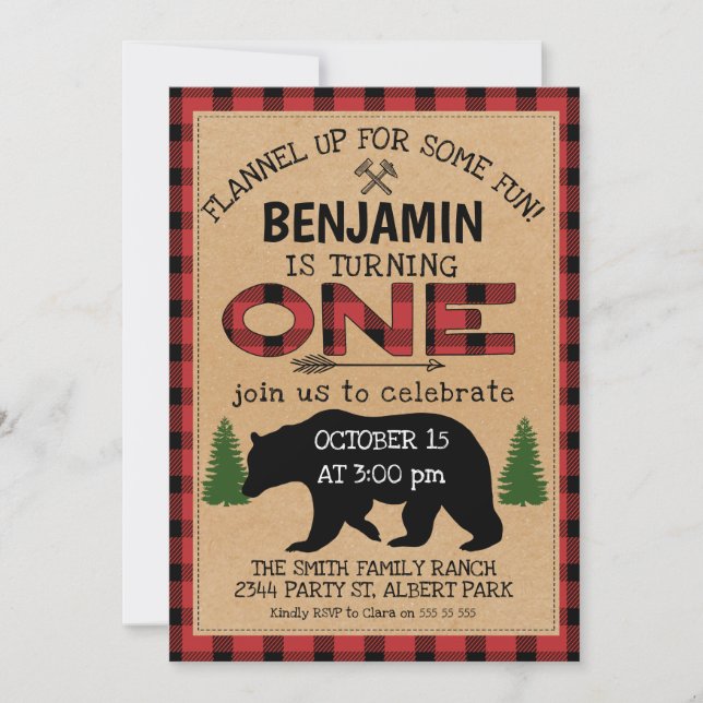 Ours de bûcheron Plaid Invitation d'anniversaire (Devant)