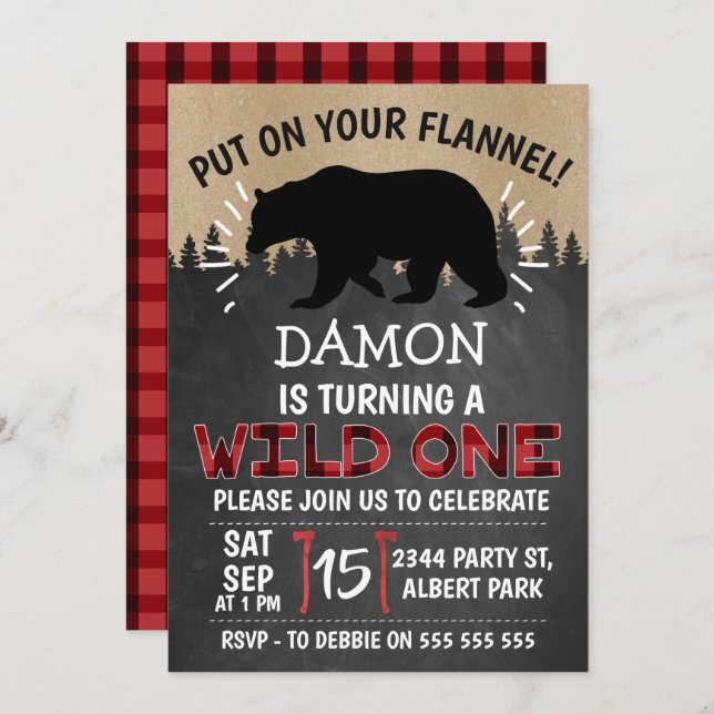 Ours de bûcheron Un 1er anniversaire Invitation (Devant / Derrière)