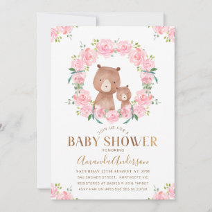 Ours de fleurs roses Baby shower Invitation