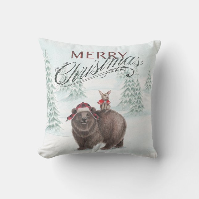 Ours de région boisée et coussin de Joyeux Noël de (Recto)