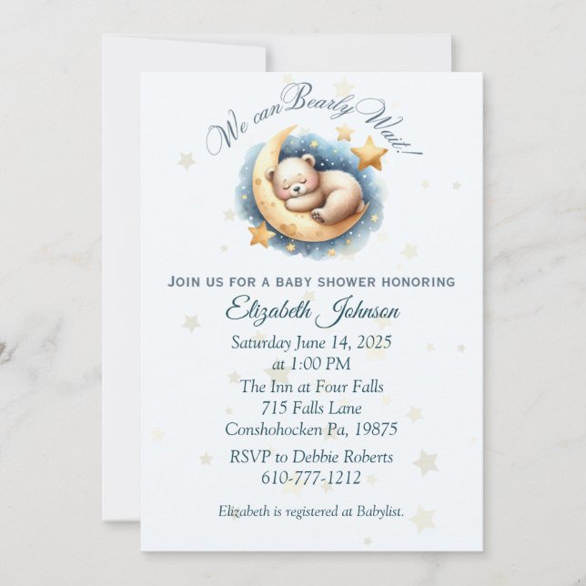 Ours dormant sur la Lune Invitation Baby shower (Devant)