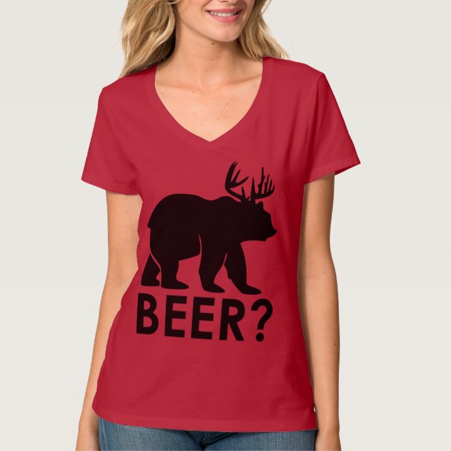 Ours drôle Cerf "BIÈRE?" T-Shirt Graphique – Humor (Devant)