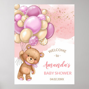 Ours en peluche avec ballons roses Affiche de bien