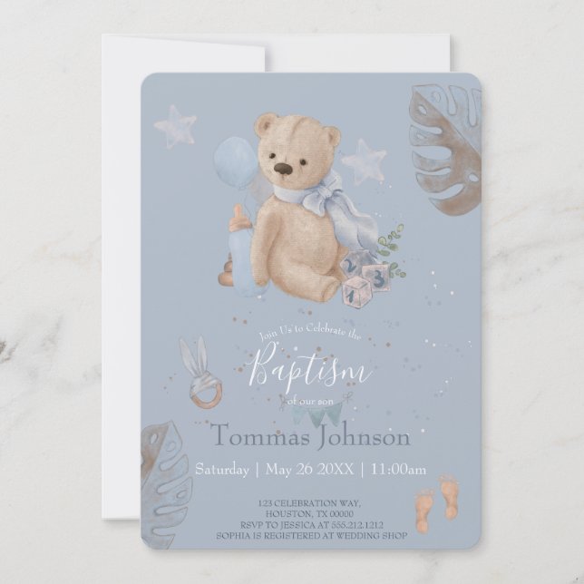 Ours en peluche Boho Baptême Invitation (Devant)