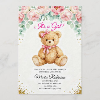 Ours en peluche "C'est une fille" Invitation
