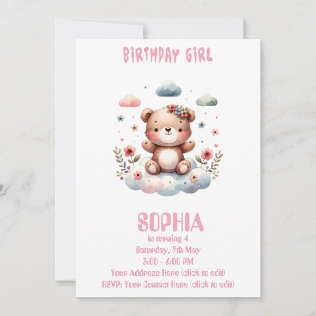 Ours en peluche "Fille d'anniversaire" Invitation  (Devant)