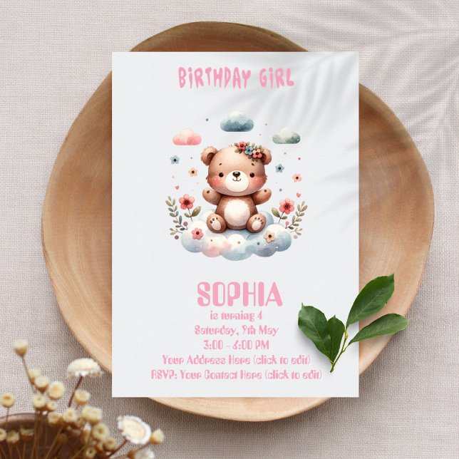 Ours en peluche "Fille d'anniversaire" Invitation  (Créateur téléchargé)