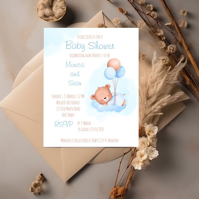Ours en peluche Pastel avec ballons baby shower éc (Teddy bear themed bearly wait baby shower editable template invitation cute teddy with balloons boy)