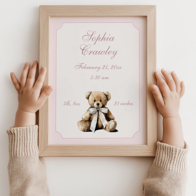 Ours en peluche personnalisé Affiche d'information (teddy bear birth poster, pink nursery wall art, baby girl birth print, personalized baby poster, new)