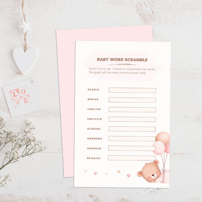 Ours et ballons roses Baby shower Mot Scramble (Bear & Pink Balloons Baby Shower Word Scramble on a boho wooden table.)