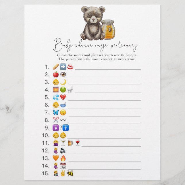 Ours et miel - Emoji jeu d'images baby shower (Devant)