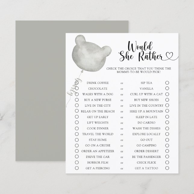 Ours / Jeu de baby shower Préférerait-Elle Bébé (Devant / Derrière)
