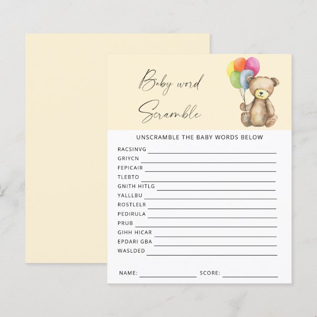 Ours - Jeu de scrabble pour baby shower (Devant / Derrière)