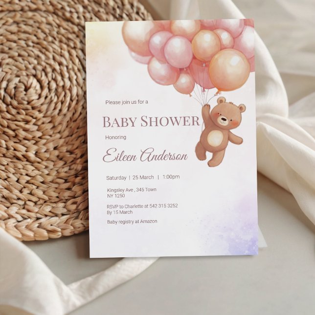 Ours mignon avec ballons Baby shower Invitation (Cute Bear with Balloons Baby Shower Invitation)