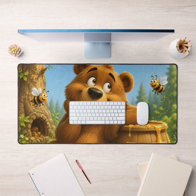 Ours mignon avec baril de miel et abeilles joyeuse (Bureau 1)