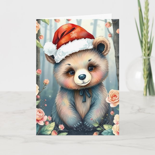 Ours mignon avec chapeau de Noël carte de Noël (Devant)