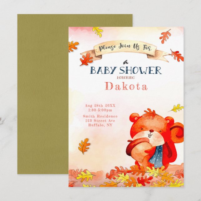 Ours mou Automne Automne Bébé Douche Invitations (Devant / Derrière)