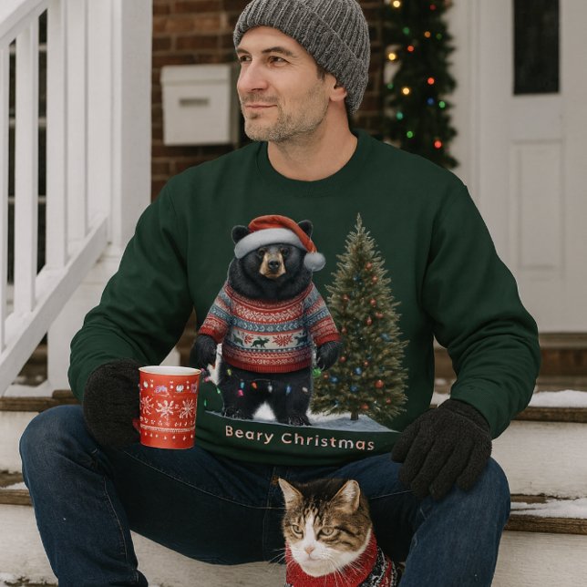 Ours noir en pull de Noël Sweatshirt de vacances (Cozy porch moment with hot coffee, cat and "Beary Christmas" sweatshirt.  Available in many colors)