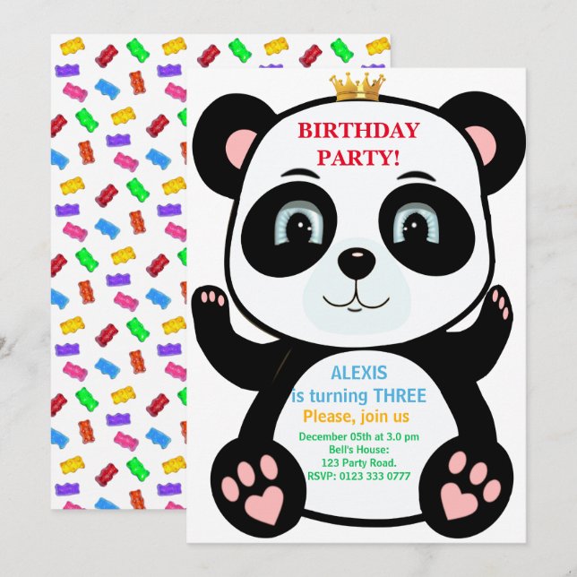 Ours Panda Mignon & Invitation de Friandises Multi (Devant / Derrière)
