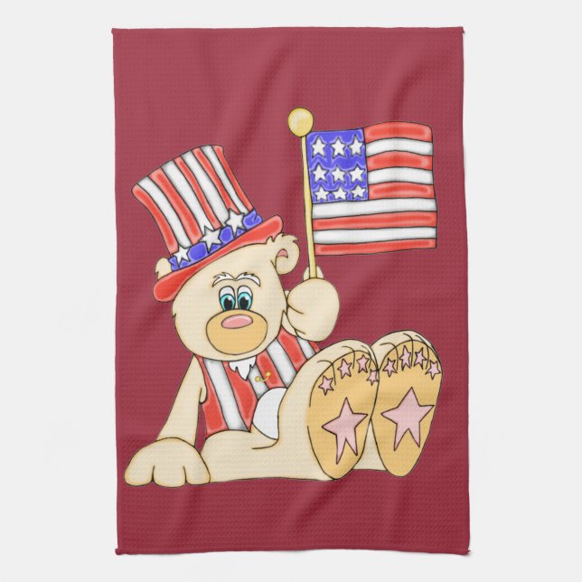 Ours patriotique avec Drapeau Serviette de cuisine (Vertical)