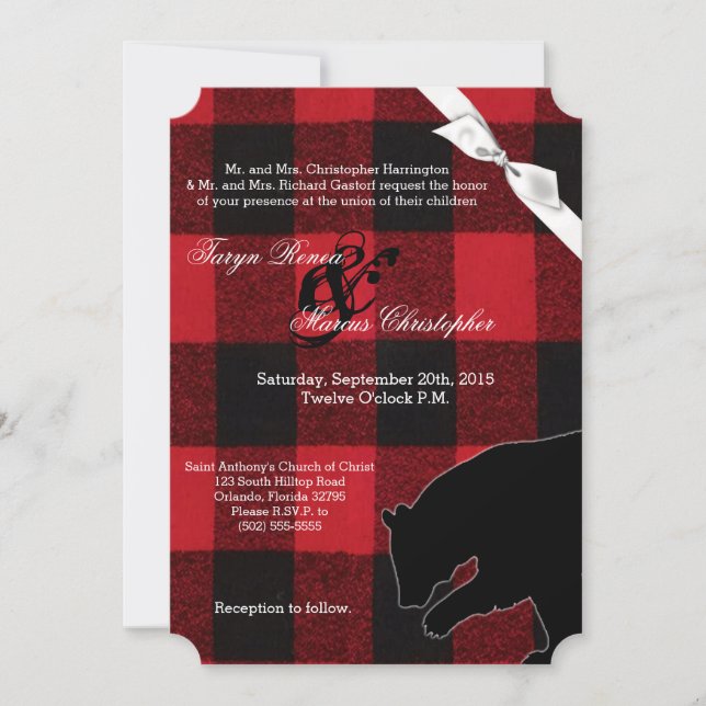 Ours Plaid de Buffle Rouge 5x7 Faire-part de maria (Devant)