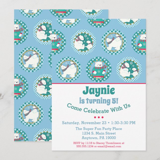 Ours polaire Invitation Anniversaire Jour d'hiver  (Devant / Derrière)